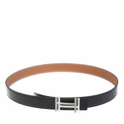 Hermes Noir/Gold Togo Leather Palladium Plated H Au Carre Buckle Reversible Belt 100CM For Men