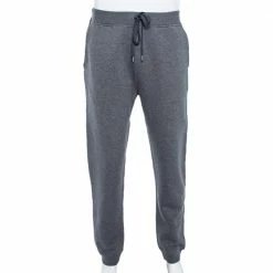 Hermes Grey Cotton & Leather Detailed Rib Knit Trimmed Joggers L For Men
