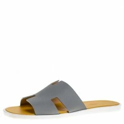 Hermes Grey/Yellow Leather Izmir Flat Slides Size 42 For Men