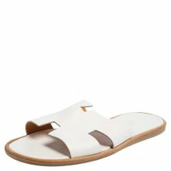 Hermes White Leather Izmir Flat Slides Size 43.5 For Men