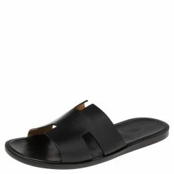 Hermes Black Leather Izmir Slide Sandal Size 46 For Men
