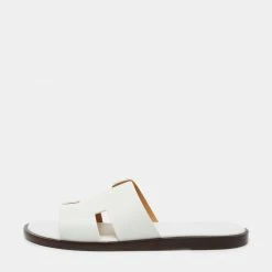Hermes White Leather Izmir Slide Flats Size 42 For Men