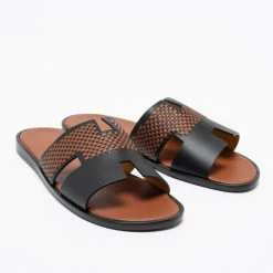 Hermes Black/Brown Leather Izmir Flat Sandals Size 44 For Men -Deals Hermes Store luxury men hermes new shoes p678723 006
