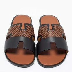 Hermes Black/Brown Leather Izmir Flat Sandals Size 44 For Men -Deals Hermes Store luxury men hermes new shoes p678723 007