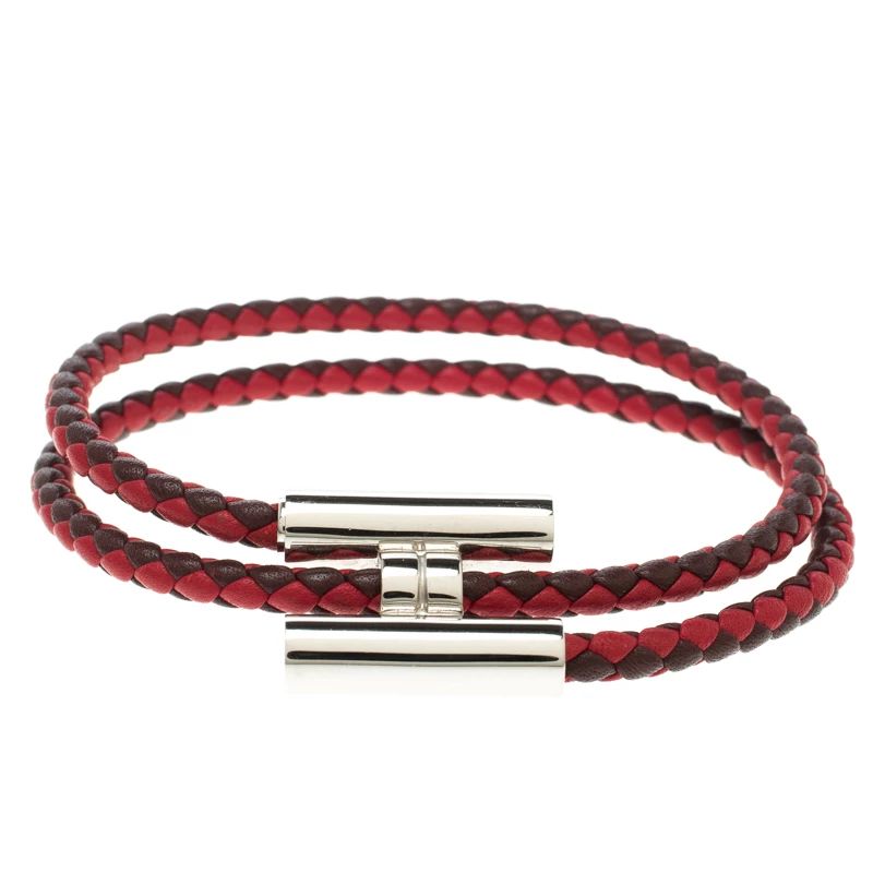 Hermes Tournis Tresse Bicolor Woven Leather Palladium Plated H Bracelet For Men 3 Hermes Tournis Tresse Bicolor Woven Leather Palladium Plated H Bracelet For Men