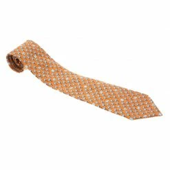 Hermes Orange Elephant And Tree Print Silk Tie For Men