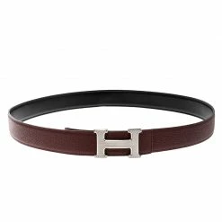 Hermes Burgundy/Black Togo And Box Calf Leather Guillochee H Buckle Reversible Belt 100cm For Men
