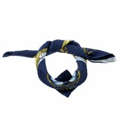Hermes Navy Blue Printed Silk Dies Et Hore Pocket Square For Men