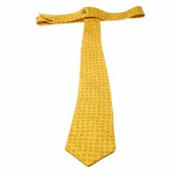 Hermes Vintage Mustard Yellow Circle Print Silk Tie For Men -Deals Hermes Store luxury men hermes used accessories p142856 0003