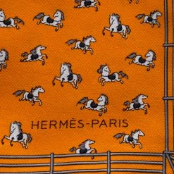 Hermes Orange Equestrian Fence Printed Silk Pocket Square For Men -Deals Hermes Store luxury men hermes used accessories p145881 0006