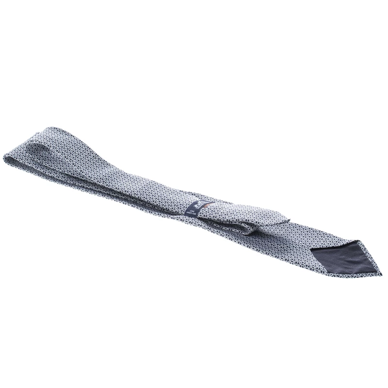 Hermes Navy Blue And White Maille H Silk Jacquard Tie For Men 6 Hermes Navy Blue And White Maille H Silk Jacquard Tie For Men - Image 4