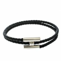 Hermes Tournis Tresse Black Leather Palladium Plated Bracelet For Men