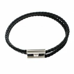 Hermes Tournis Tresse Black Leather Palladium Plated Bracelet For Men -Deals Hermes Store luxury men hermes used accessories p146207 005
