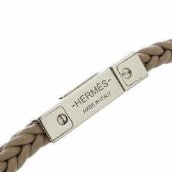 Hermes Joker Beige Swift Leather Palladium Plated Bracelet 19cm For Men -Deals Hermes Store luxury men hermes used accessories p146284 005
