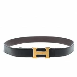 Hermes Hermès Black/Dark Brown Leather Reversible Gold Brushed Finished H Buckle Belt 95cm For Men