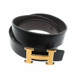 Hermes Hermès Black/Dark Brown Leather Reversible Gold Brushed Finished H Buckle Belt 95cm For Men -Deals Hermes Store luxury men hermes used accessories p149855 003