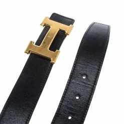 Hermes Hermès Black/Dark Brown Leather Reversible Gold Brushed Finished H Buckle Belt 95cm For Men -Deals Hermes Store luxury men hermes used accessories p149855 004