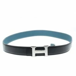 Hermes Hermès Black/Blue Leather Reversible Silver Metal Finished H Buckle Belt 105 CM For Men