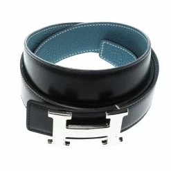 Hermes Hermès Black/Blue Leather Reversible Silver Metal Finished H Buckle Belt 105 CM For Men -Deals Hermes Store luxury men hermes used accessories p149858 003