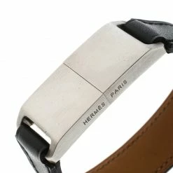 Hermes USB Flash Drive Black Leather Silver Tone Bracelet For Men -Deals Hermes Store luxury men hermes used accessories p156707 0004