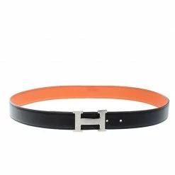 Hermes Black/Orange Swift Leather Reversible H Buckle Belt 95cm For Men