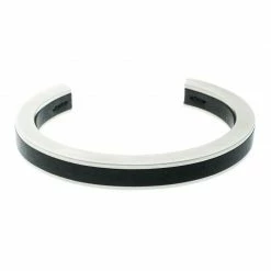 Hermes Black Leather Silver Tone Open Cuff Bracelet For Men