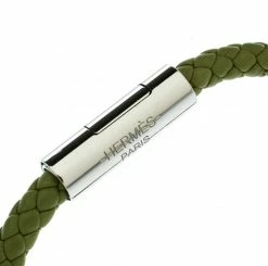 Hermes Goliath Green Woven Leather Palladium Plated Bracelet For Men -Deals Hermes Store luxury men hermes used accessories p181259 001