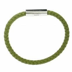 Hermes Goliath Green Woven Leather Palladium Plated Bracelet For Men -Deals Hermes Store luxury men hermes used accessories p181259 003