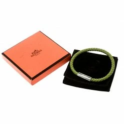 Hermes Goliath Green Woven Leather Palladium Plated Bracelet For Men -Deals Hermes Store luxury men hermes used accessories p181259 006
