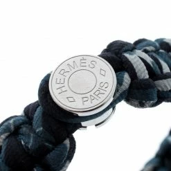Hermes Blue Silk Twill Kid Palladium Plated Bracelet Size T4 For Men -Deals Hermes Store luxury men hermes used accessories p194217 001