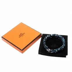 Hermes Blue Silk Twill Kid Palladium Plated Bracelet Size T4 For Men -Deals Hermes Store luxury men hermes used accessories p194217 006