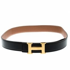 Hermes Hermès Black/Brown Leather Reversible Gold Metal Finished H Buckle Belt 90CM For Men