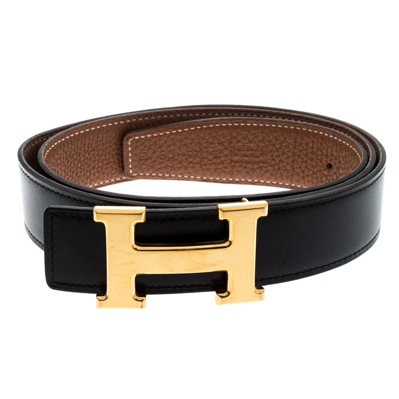 Hermes Hermès Black/Brown Leather Reversible Gold Metal Finished H Buckle Belt 90CM For Men 4 Hermes Hermès Black/Brown Leather Reversible Gold Metal Finished H Buckle Belt 90CM For Men - Image 2
