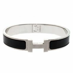 Hermes Clic HH Black Enamel Brushed Palladium Plated Bracelet GM For Men