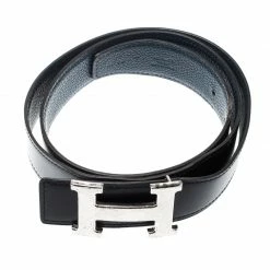 Hermes Hermès Black/Blue Leather Reversible Silver Hammered Finished H Buckle Belt 90cm For Men -Deals Hermes Store luxury men hermes used accessories p197324 005