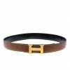 Hermes Hermès Black/Brown Leather Reversible Gold Grooved Finished H Buckle Belt 85cm For Men -Deals Hermes Store luxury men hermes used accessories p206967 005