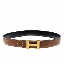 Hermes Hermès Black/Brown Leather Reversible Gold Grooved Finished H Buckle Belt 85cm For Men