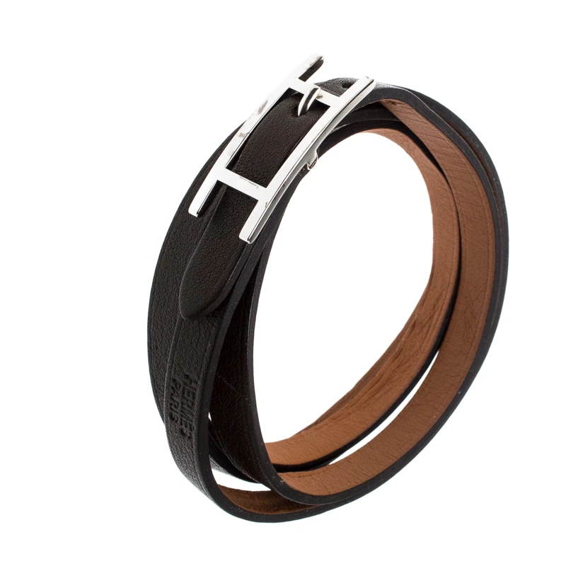 Hermes Hapi 3 Dark Green Leather Palladium Plated Wrap Bracelet For Men 4 Hermes Hapi 3 Dark Green Leather Palladium Plated Wrap Bracelet For Men - Image 2
