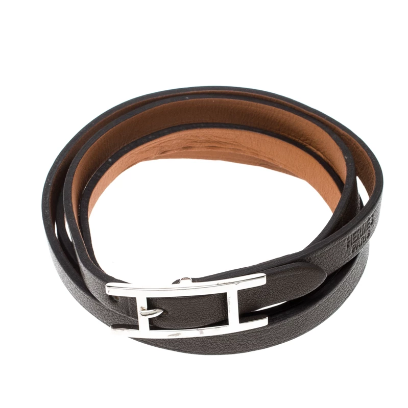 Hermes Hapi 3 Dark Green Leather Palladium Plated Wrap Bracelet For Men 7 Hermes Hapi 3 Dark Green Leather Palladium Plated Wrap Bracelet For Men - Image 5