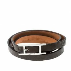 Hermes Hapi 3 Dark Green Leather Palladium Plated Wrap Bracelet For Men