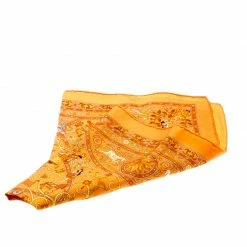Hermes Orange Peuple Du Vent Printed Silk Pocket Square For Men -Deals Hermes Store luxury men hermes used accessories p208543 004