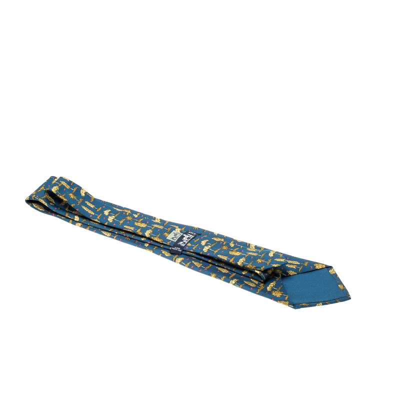 Hermes Blue Silk Gold Tree Print Tie For Men 6 Hermes Blue Silk Gold Tree Print Tie For Men - Image 4