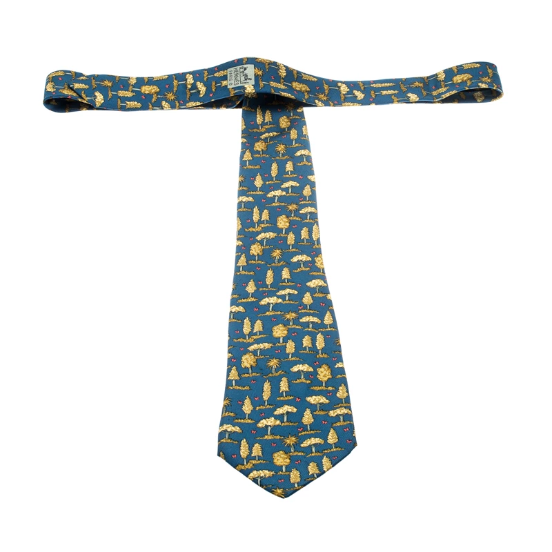 Hermes Blue Silk Gold Tree Print Tie For Men 5 Hermes Blue Silk Gold Tree Print Tie For Men - Image 3