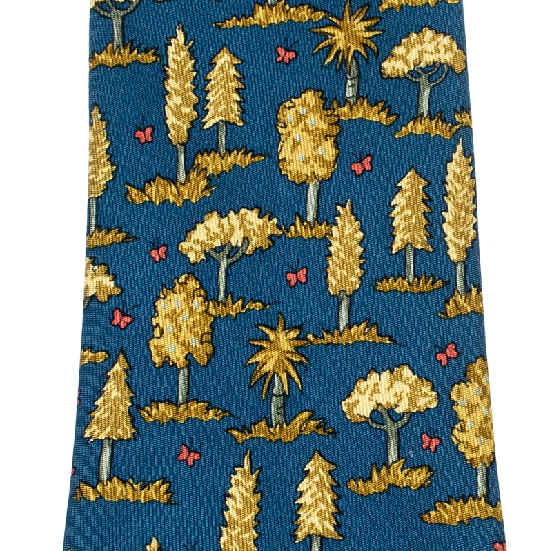 Hermes Blue Silk Gold Tree Print Tie For Men 4 Hermes Blue Silk Gold Tree Print Tie For Men - Image 2