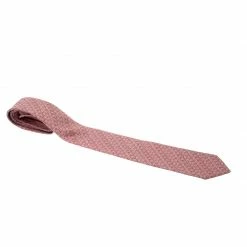 Hermes Red Geometric Chain Link Print Silk Twill Tie For Men