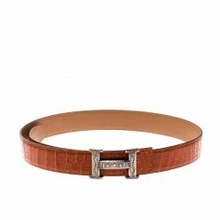 Hermes Orange Crocodile And Swift Leather Constance 2 Guillochee Finish H Buckle Belt 85CM For Men