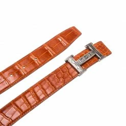 Hermes Orange Crocodile And Swift Leather Constance 2 Guillochee Finish H Buckle Belt 85CM For Men -Deals Hermes Store luxury men hermes used accessories p213228 006