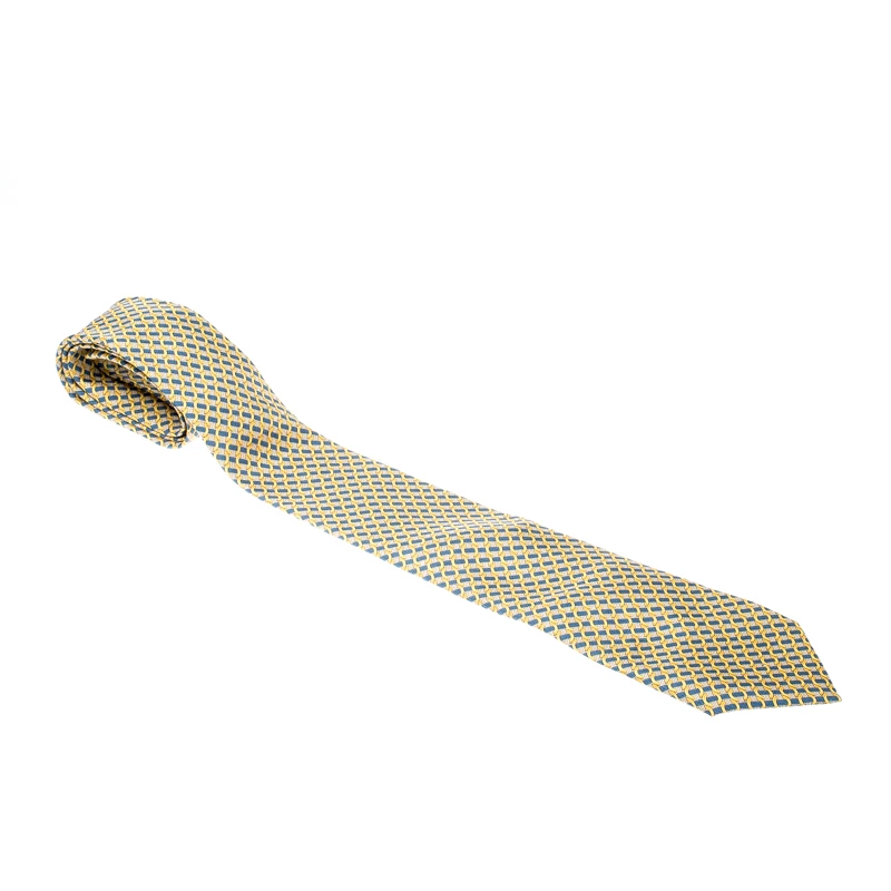 Hermes Yellow And Blue Ring Print Silk Tie For Men 3 Hermes Yellow And Blue Ring Print Silk Tie For Men