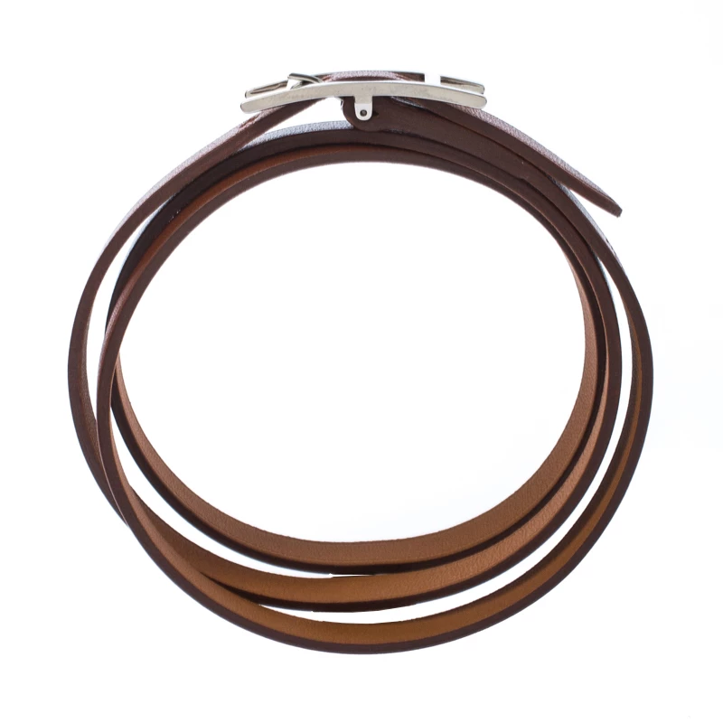 Hermes Hermès Hapi Brown Leather Palladium Plated Wrap Bracelet For Men 6 Hermes Hermès Hapi Brown Leather Palladium Plated Wrap Bracelet For Men - Image 4