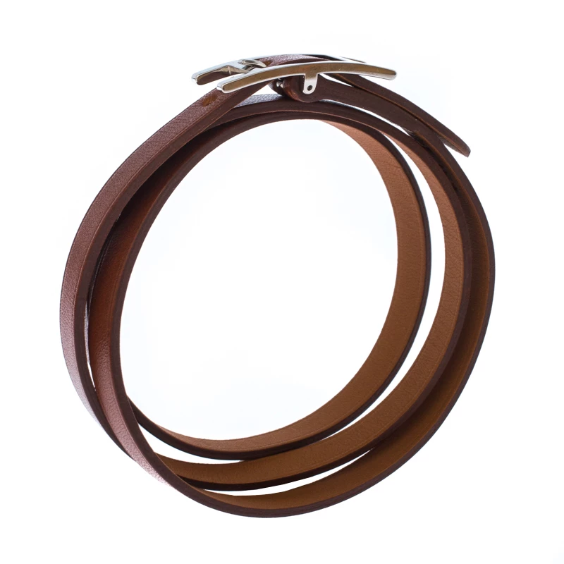 Hermes Hermès Hapi Brown Leather Palladium Plated Wrap Bracelet For Men 4 Hermes Hermès Hapi Brown Leather Palladium Plated Wrap Bracelet For Men - Image 2